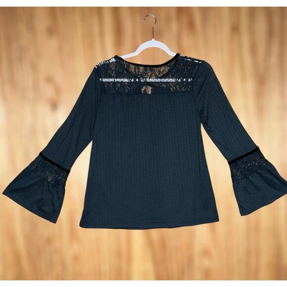 Whimsygoth Lace Green Gauze Velvet Trim Bell Sleeve Top Boho Hippie Size Small - Picture 6 of 10
